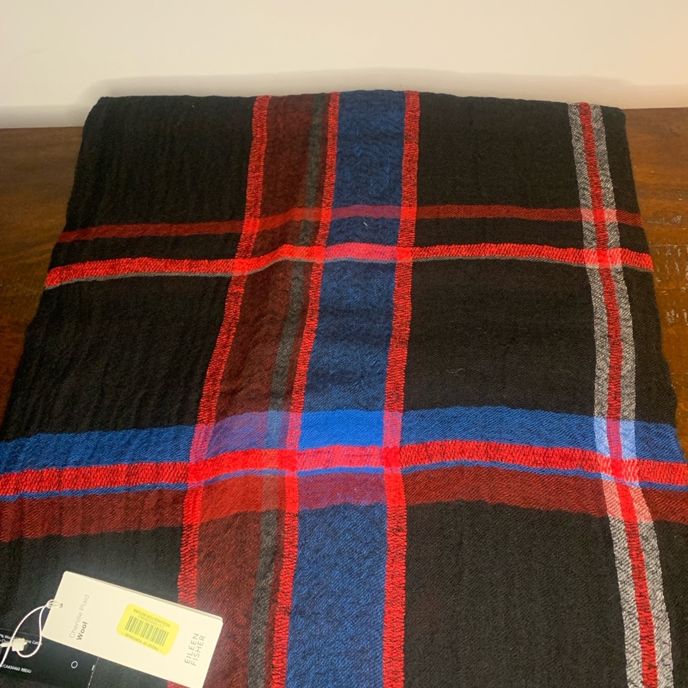 Eileen Fisher Black and Red Chenille Plaid Scarf